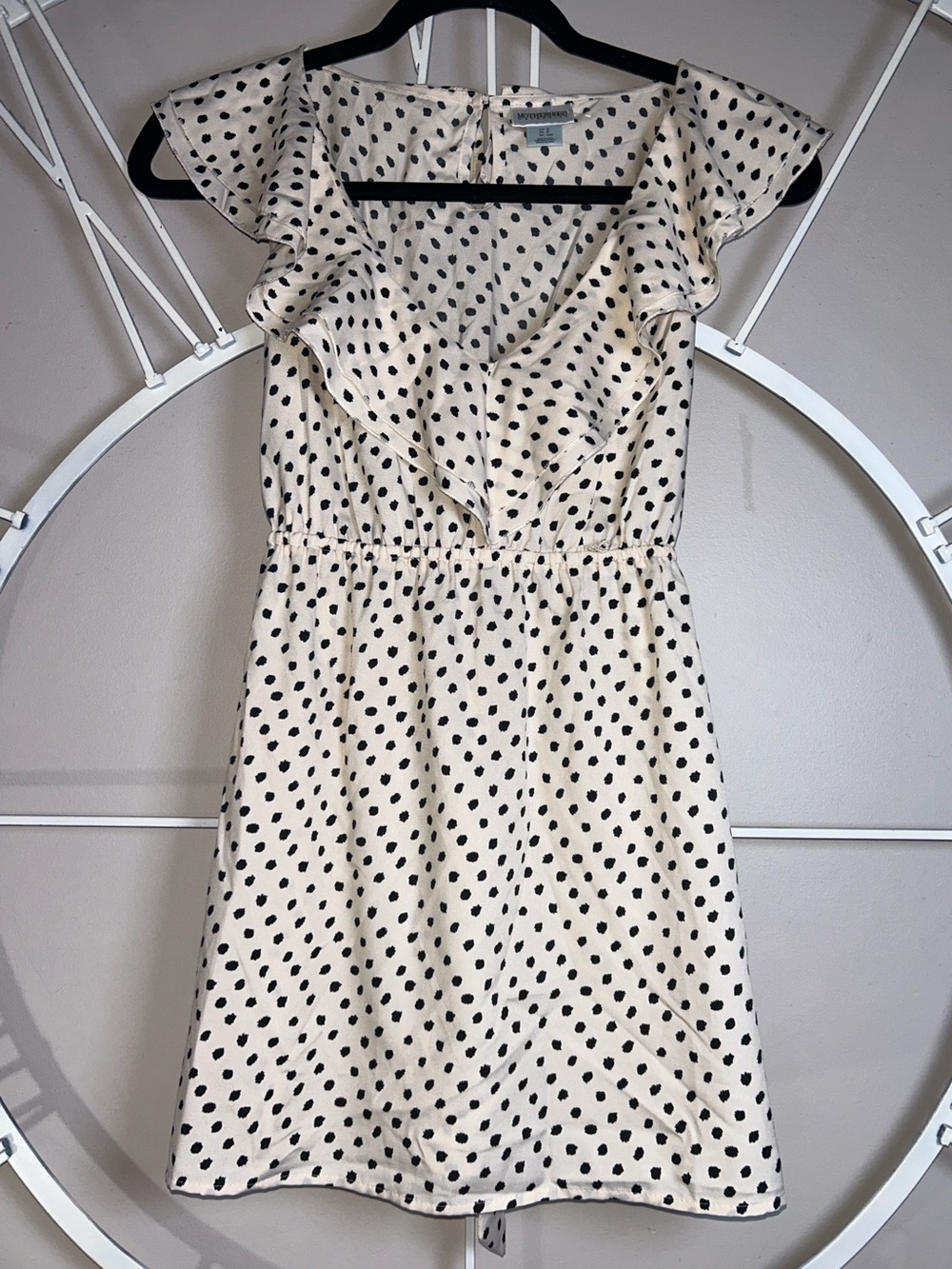 Motherhood Maternity Cream Dress with Black Polka Dots and Ruffle V-Neck - Picture 1 of 9